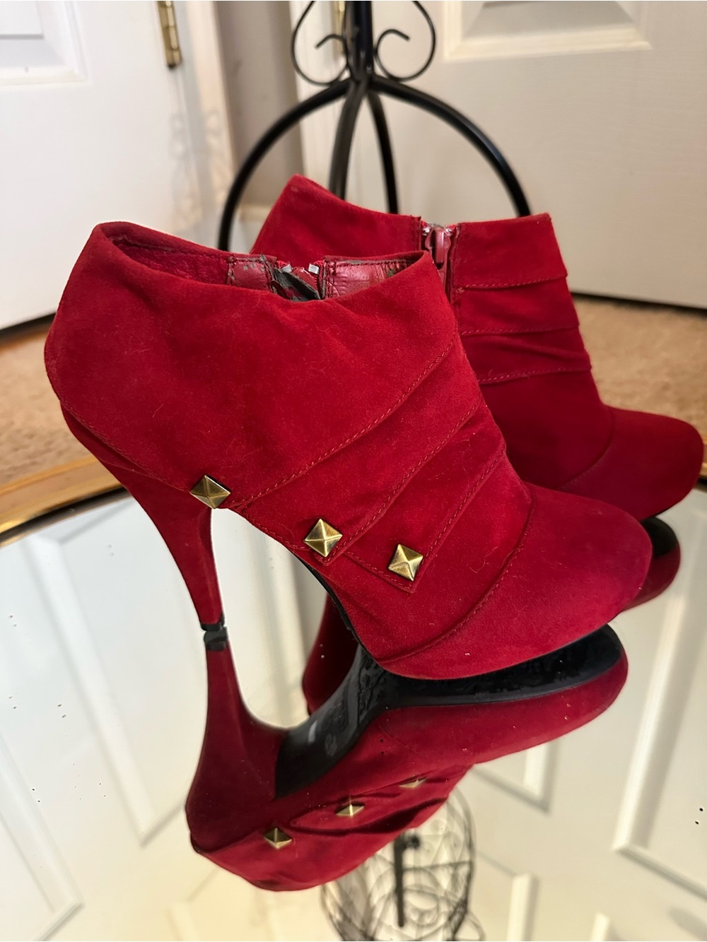 Bamboo Red Suede High Heel Ankle Boots with Stud Detail